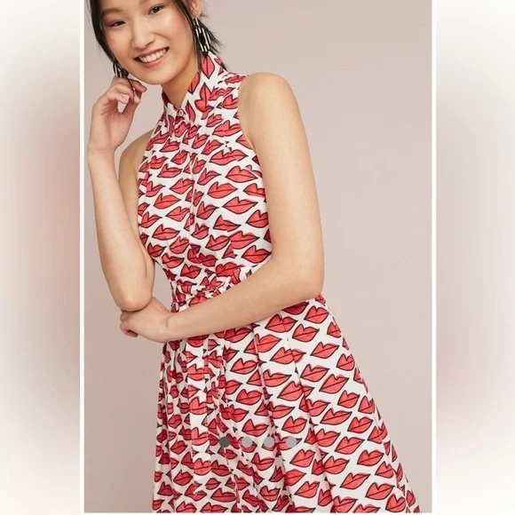 Anthropologie Red Smooch Dress. All Over Red Lip Design. Button Front. Pockets. - Picture 1 of 16